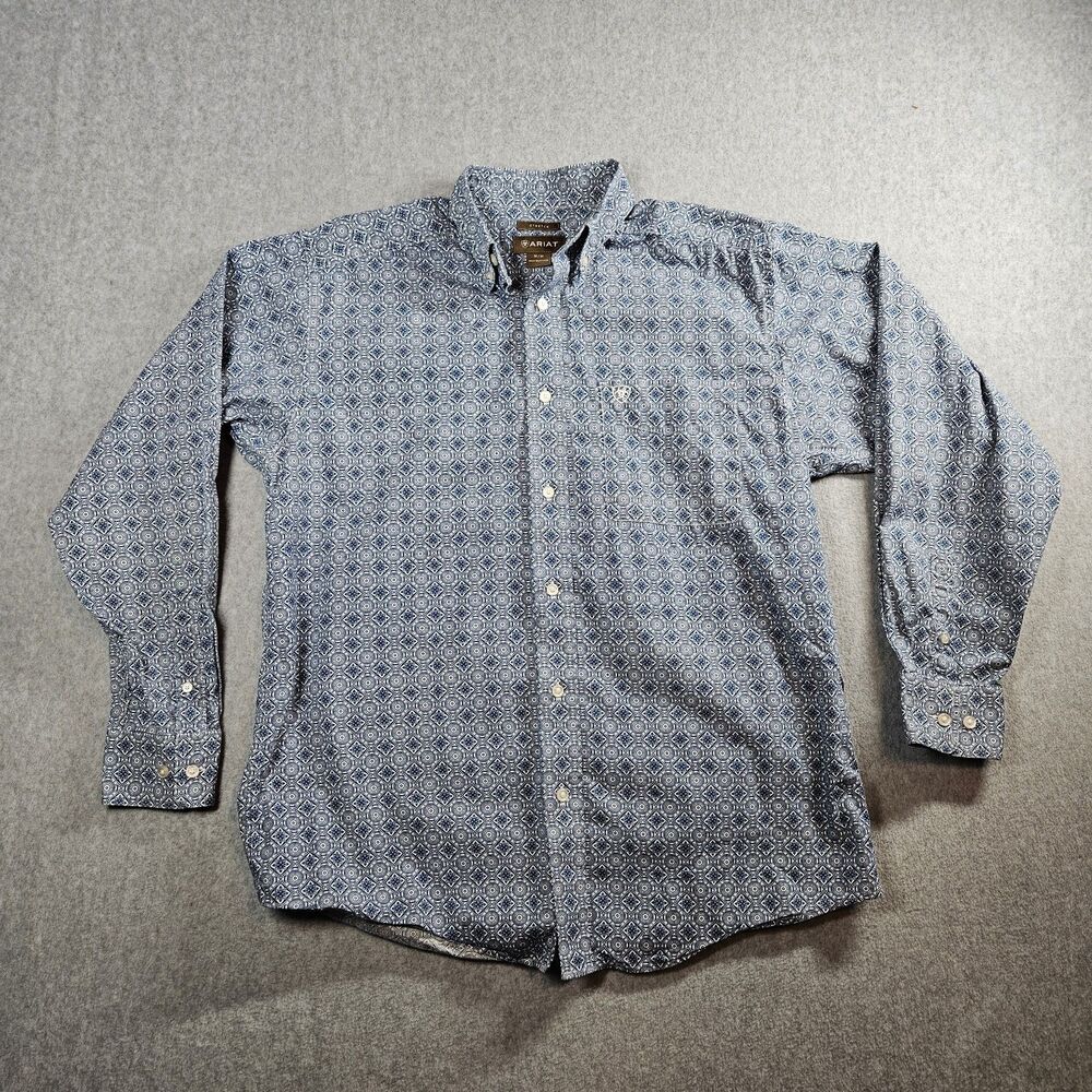Ariat Geometric Stretch Button Down Shirt Western Long Sleeve Medium Blue White